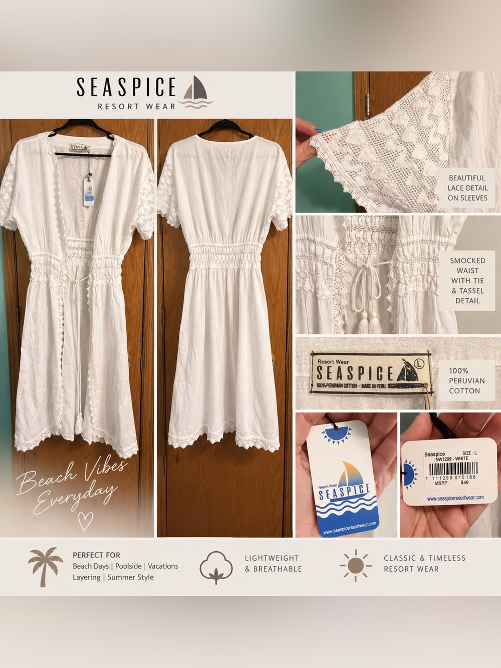 Seaspice White Cotton Coverup Dress with Lace Trim